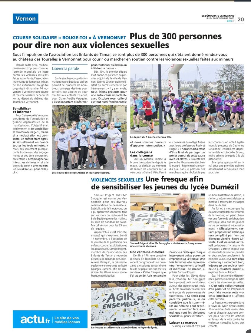 Article with headline "Plus de 300 personnes pour dire non aux violences sexuelles" and photo of a race.