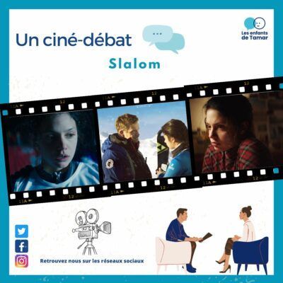 Affiche pour une discussion sur le film « Slalom », avec une bande de film, des personnages, des logos et des icônes de médias sociaux.