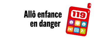Envoyez le texte « Allô enfance en danger » avec une icône de téléphone rouge, le numéro 119 à l'écran.