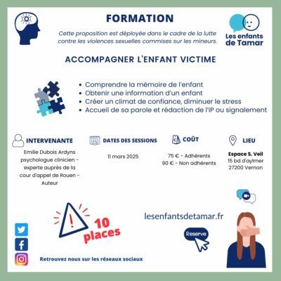 Dépliant pour une séance de formation sur l'accompagnement des enfants victimes de violences sexuelles, avec des détails comme le lieu, le coût et l'intervenant.