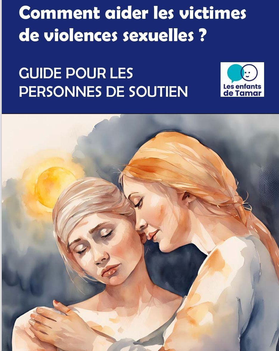 Guide d'accompagnement des victimes de violences sexuelles. Deux femmes s'enlacent. Douces couleurs aquarelles.