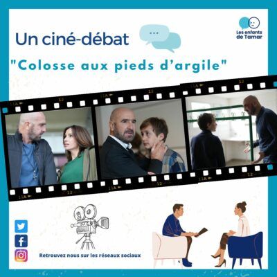 Affiche pour le débat sur le film « Le Colosse aux pieds d'argile ». Inclut des photos du film et des icônes de réseaux sociaux.