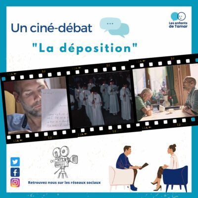 Affiche pour une discussion autour du film « La déposition » avec des photos du film et des icônes des réseaux sociaux.