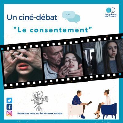Affiche pour un débat cinématographique sur le « consentement ». Comprend des images du film, des icônes des réseaux sociaux et des participants à une consultation.