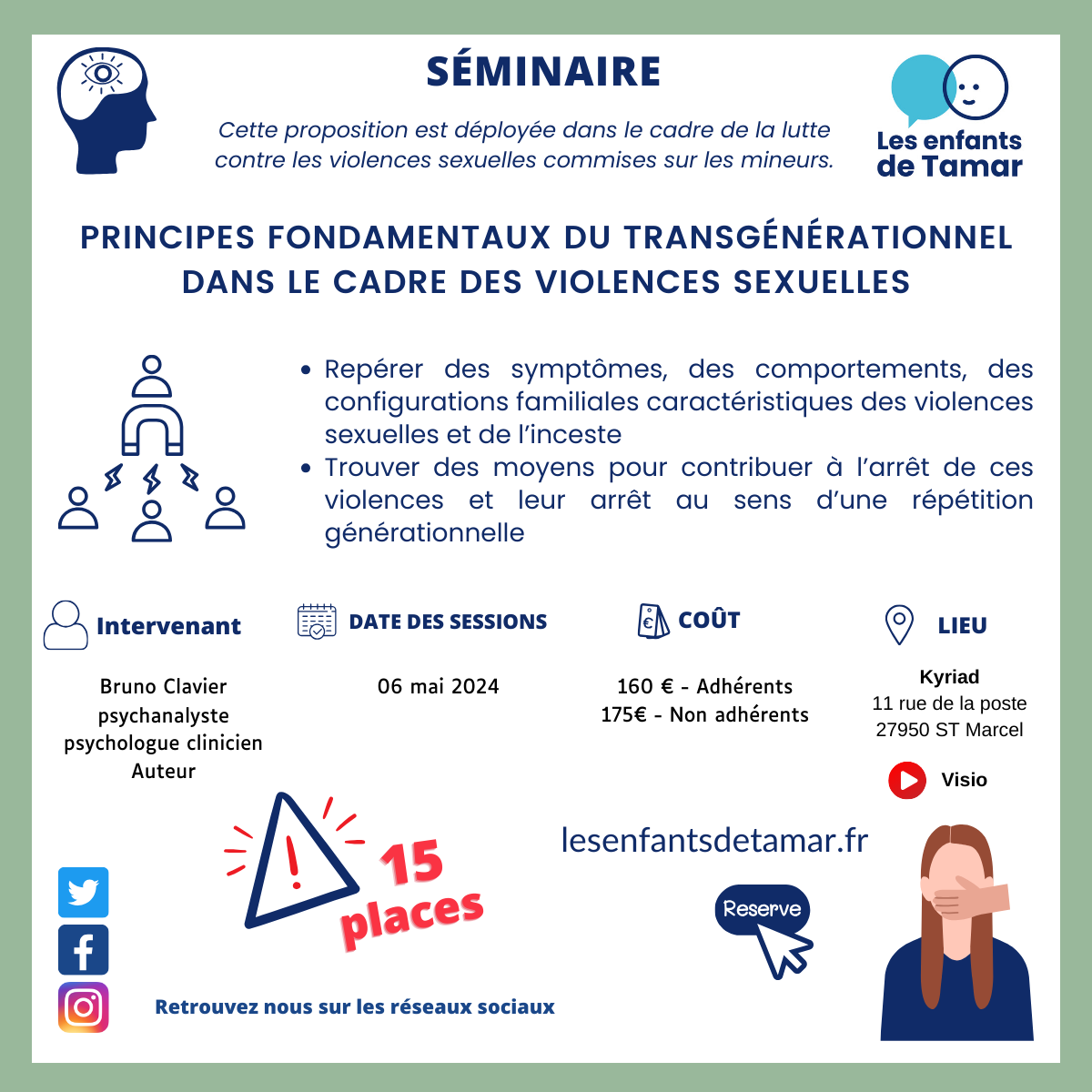 Annonce du séminaire : Principes transgénérationnels dans le contexte des violences sexuelles. Comprend le nom de l'intervenant, la date, le coût et le lieu.