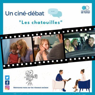 Affiche d'événement cinématographique avec bandes-annonces et scènes du film « Les Chatouilles ». Inclut des icônes de réseaux sociaux et une illustration de discussion.