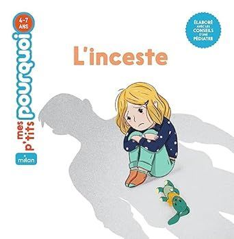 Couverture du livre : Fille triste, silhouette adulte ombrée, titre « L'inceste ». Public cible 4-7 ans.