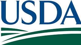 The logo for the usda is blue and green with a swirl in the middle.