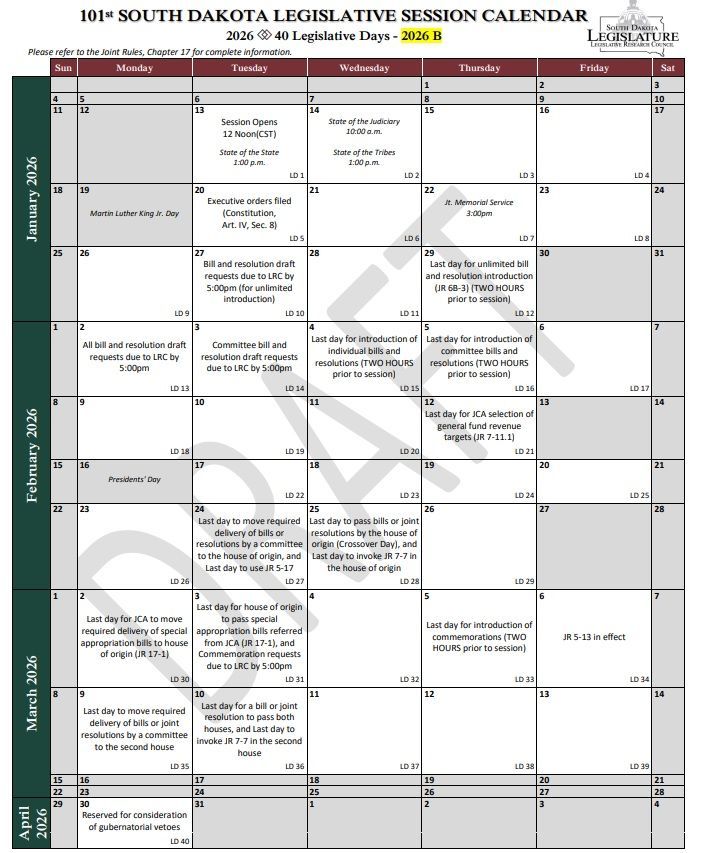 A calendar for the south dakota legislative session