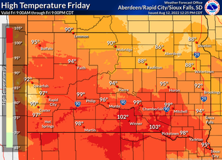 A map showing the high temperature on friday