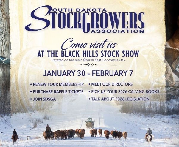 South Dakota Stockgrowers Association ad for Black Hills Stock Show. Events include membership, directors, raffle, and legislation discussion.