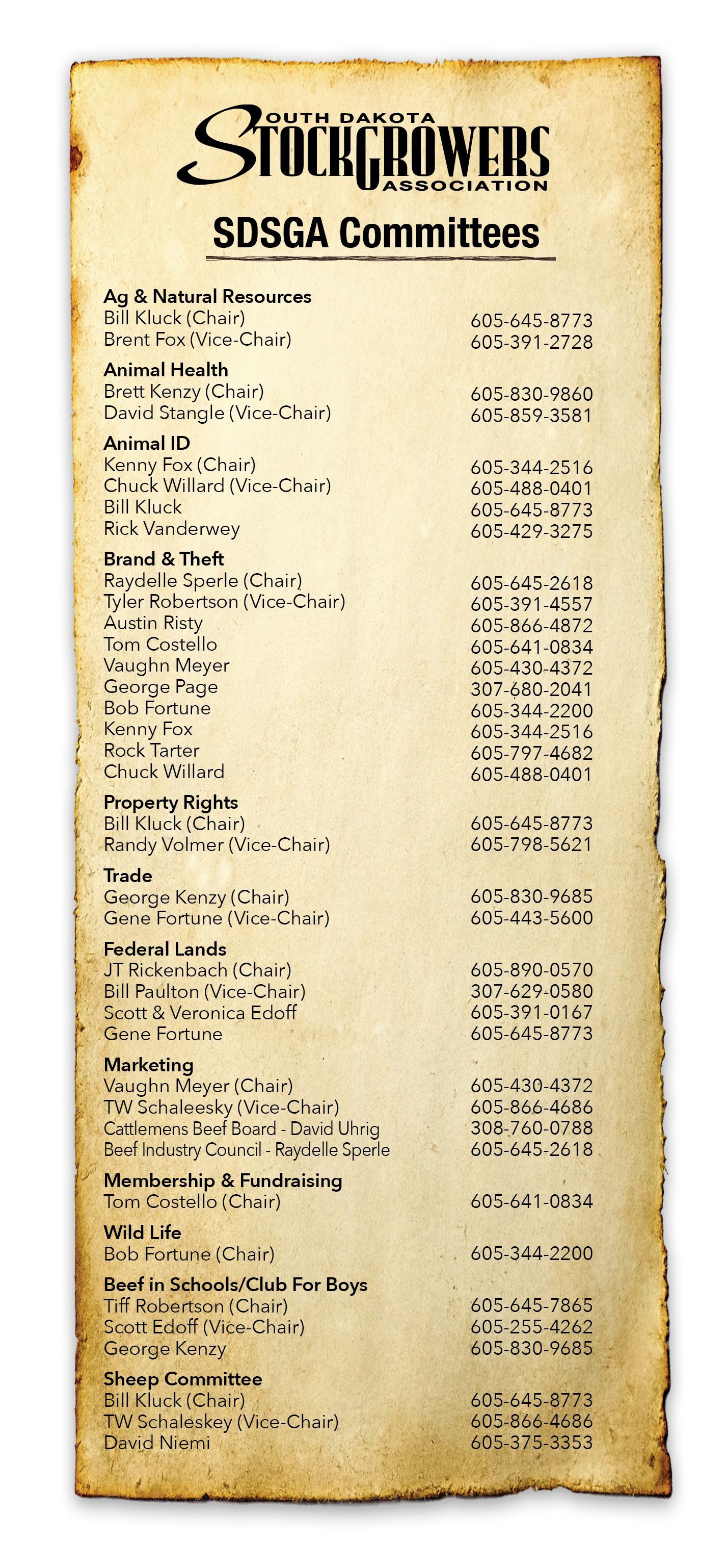 A list of sdsga committees with a picture of a herd of cows