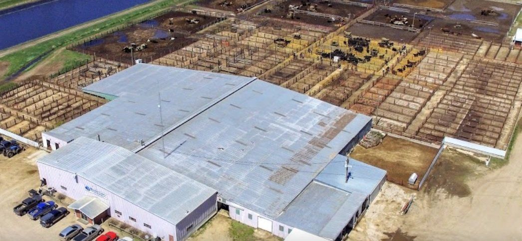 An aerial view of a large building with a lot of cars parked in front of it.