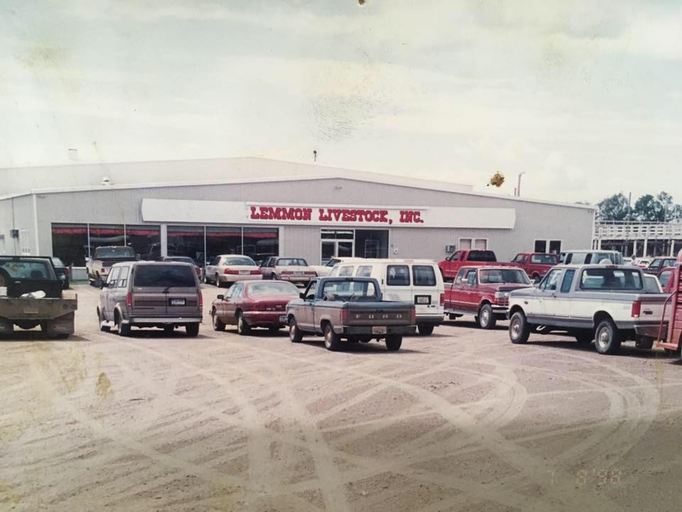 A lot of cars are parked in front of a building that says lennon livestock