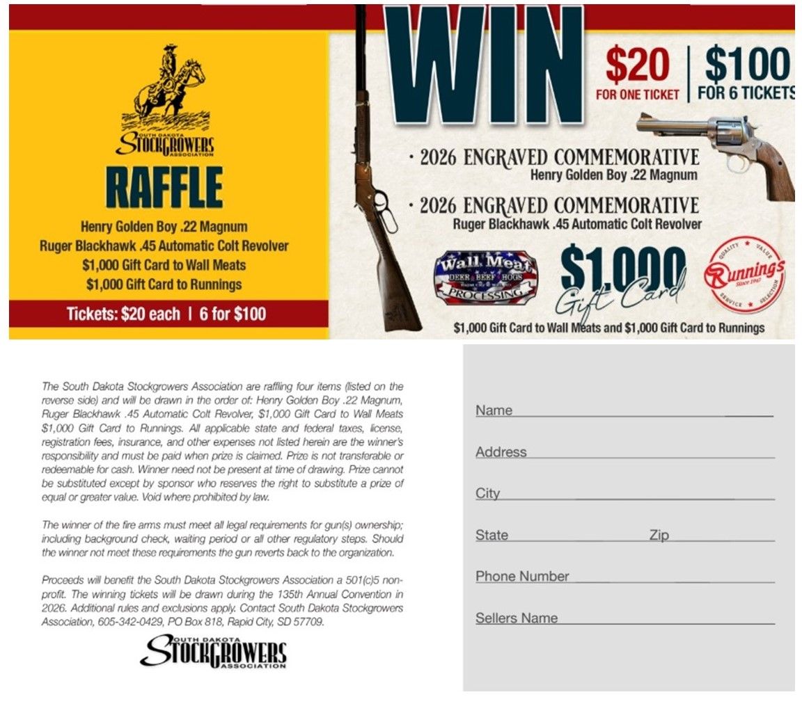 Raffle ticket with winning prizes: rifles, gun, and $1000 gift card.
