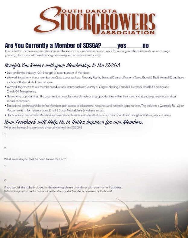 South Dakota Stockgrowers Association membership form with benefits and contact fields, with a field background.