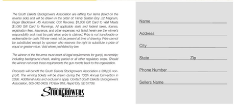 Raffle ticket with winning prizes: rifles, gun, and $1000 gift card.
