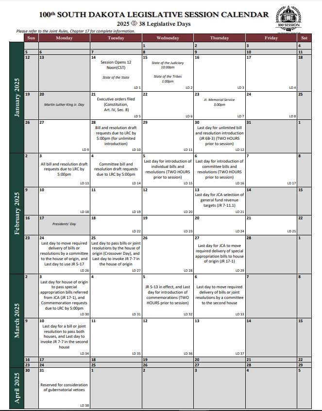 A calendar for the south dakota legislative session