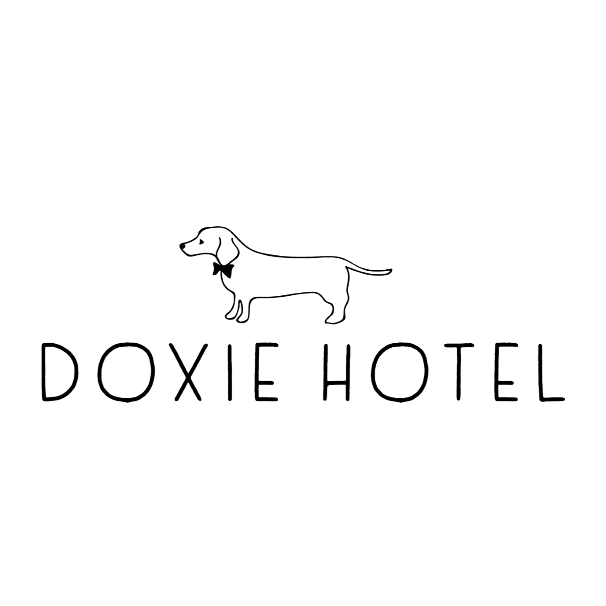 A black and white logo for a hotel with a dachshund wearing a bow tie.