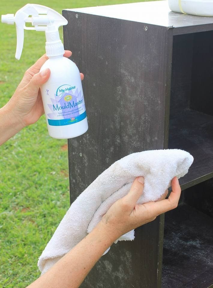 Person Spraying and Wiping a Dark Wooden Cabinet with A Spray Bottle and Towel Outdoors — My Habitat Products in Malanda, QLD
