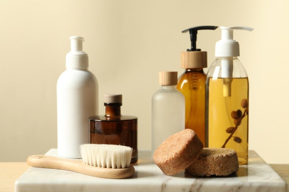 Bath Products on Marble: Bottles, Brush, and Sponges — My Habitat Products in Mackay, QLD