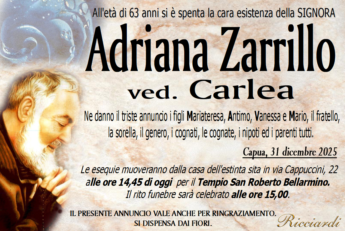 necrologio Adriana Zarrillo