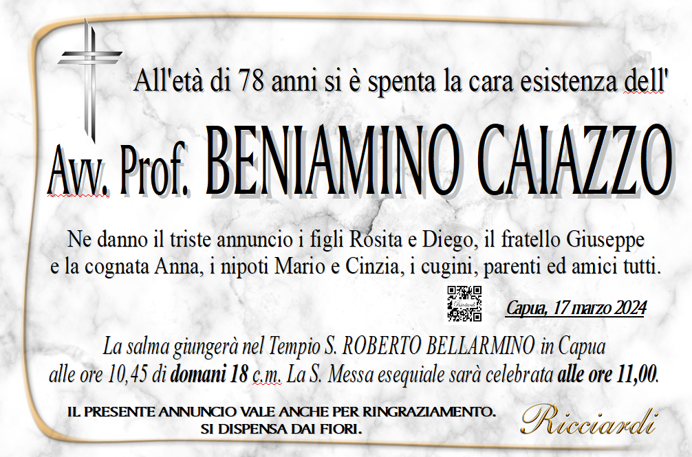 necrologio Avv. Prof. BENIAMINO CAIAZZO