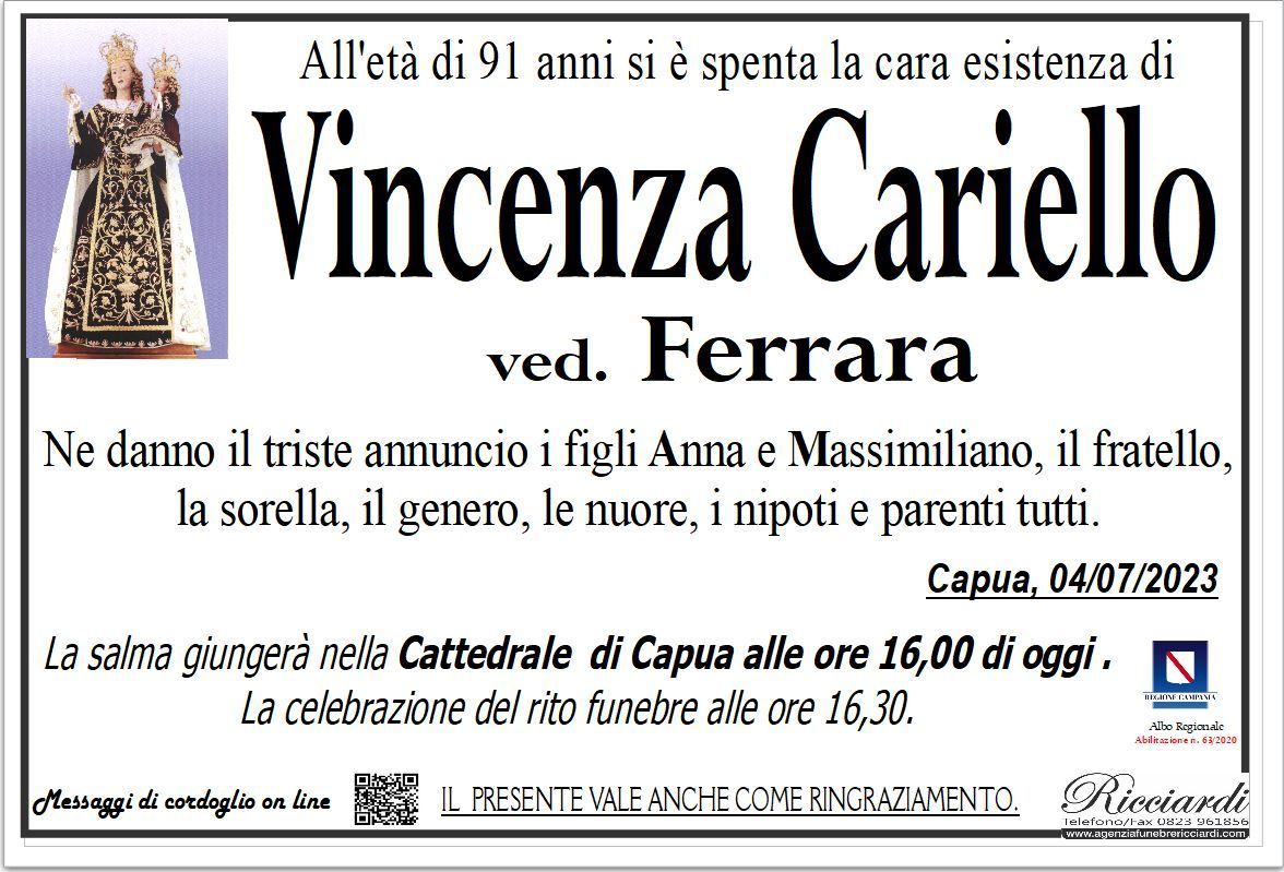 necrologio Vincenza Cariello