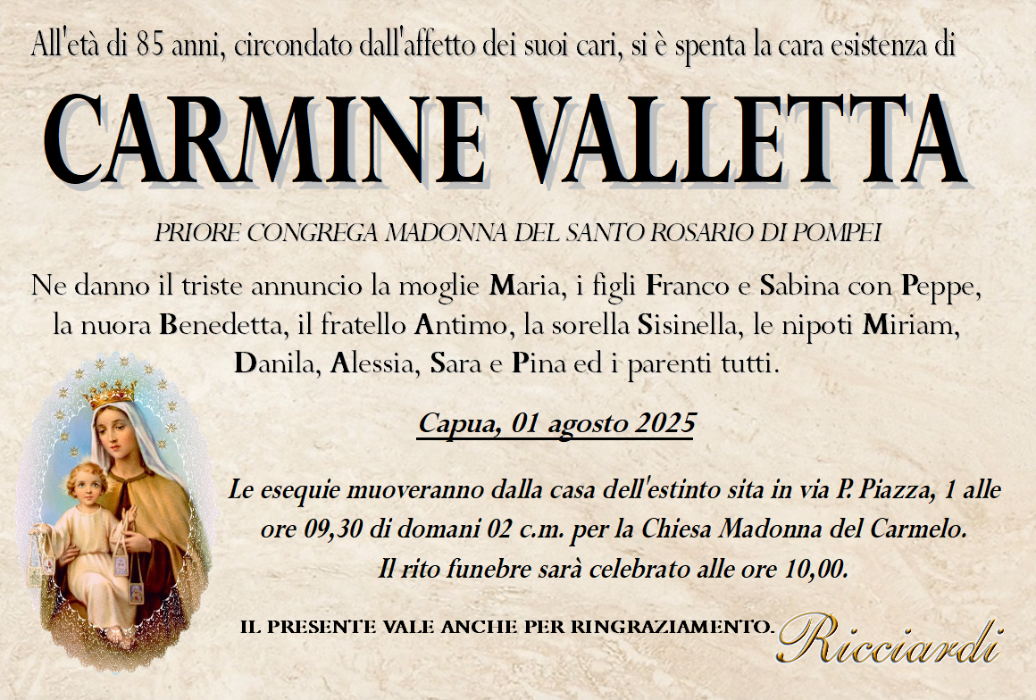 necrologio CARMINE VALLETTA