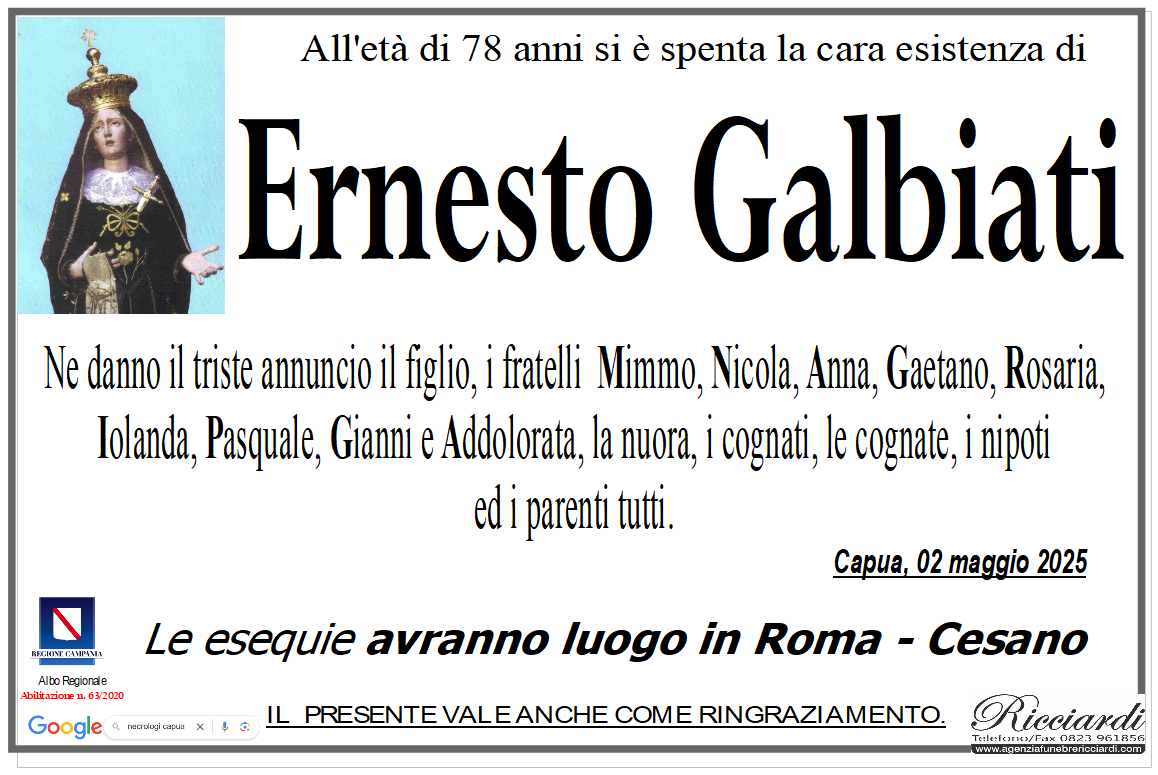 necrologio Ernesto Galbiati