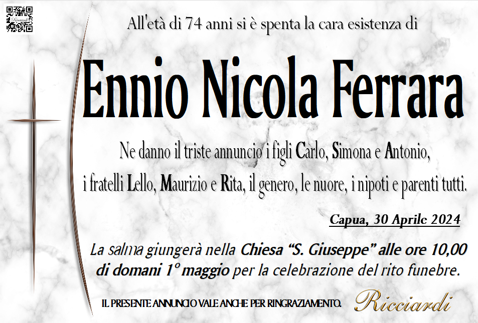necrologio Ennio Nicola Ferrara
