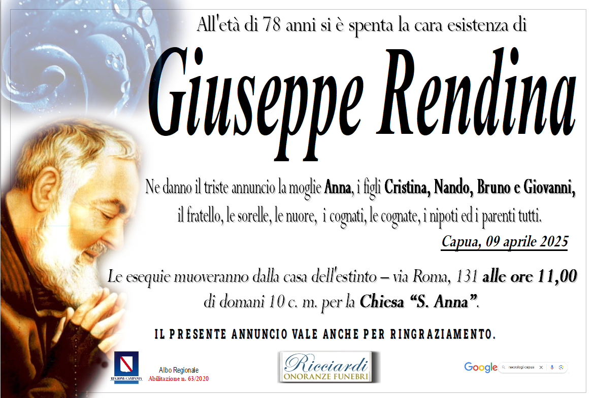 necrologio Giuseppe Rendina