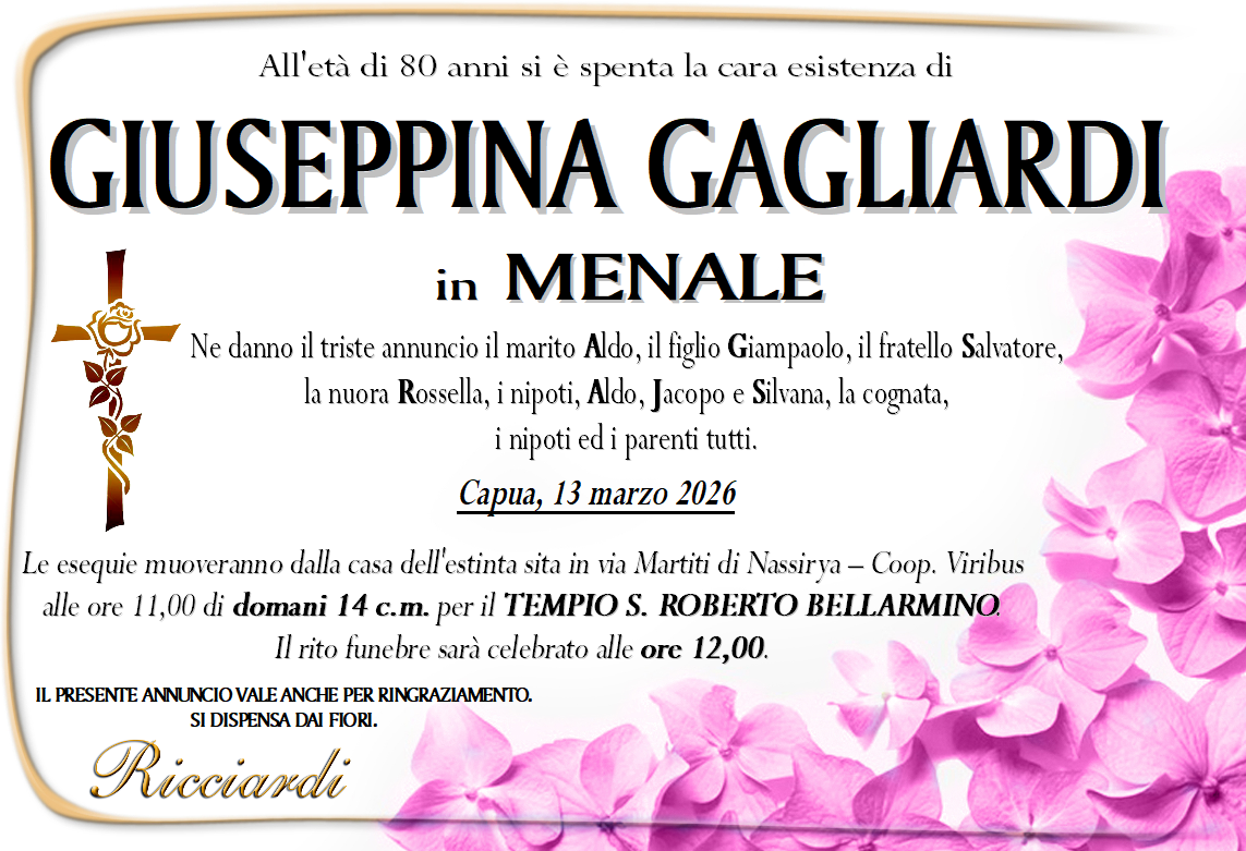 necrologio GIUSEPPINA GAGLIARDI