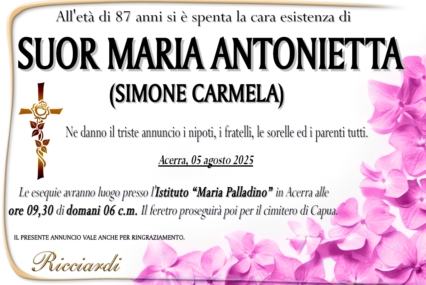 necrologio SUOR MARIA ANTONIETTA