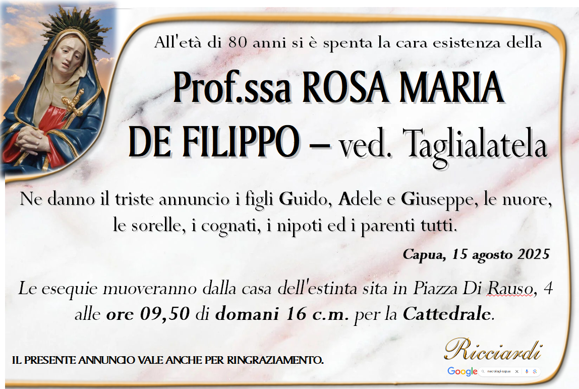 necrologio Prof.ssa ROSA MARIA DE FILIPPO