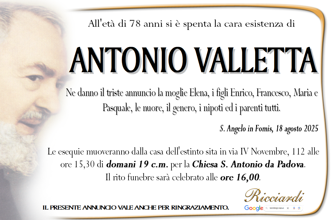 necrologio ANTONIO VALLETTA
