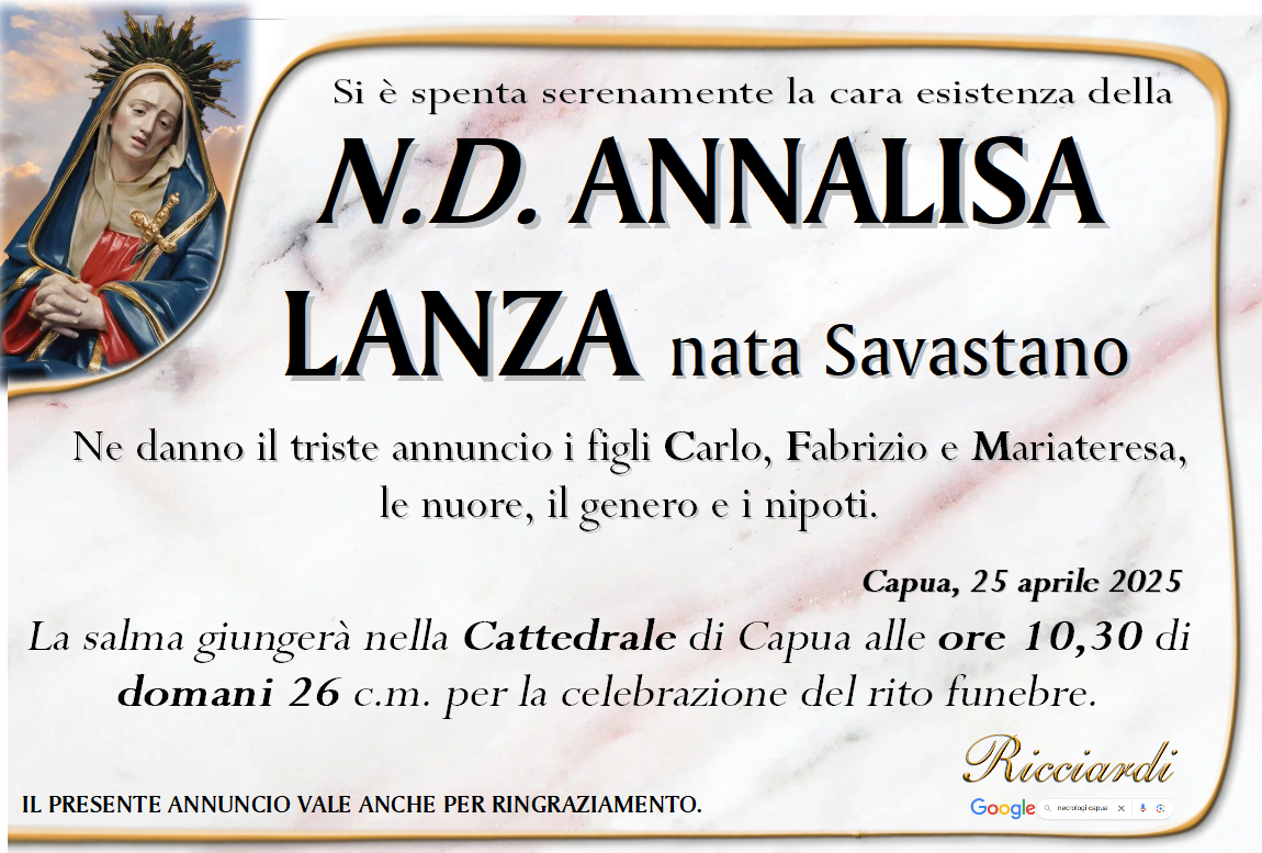 necrologio N.D. ANNALISA LANZA