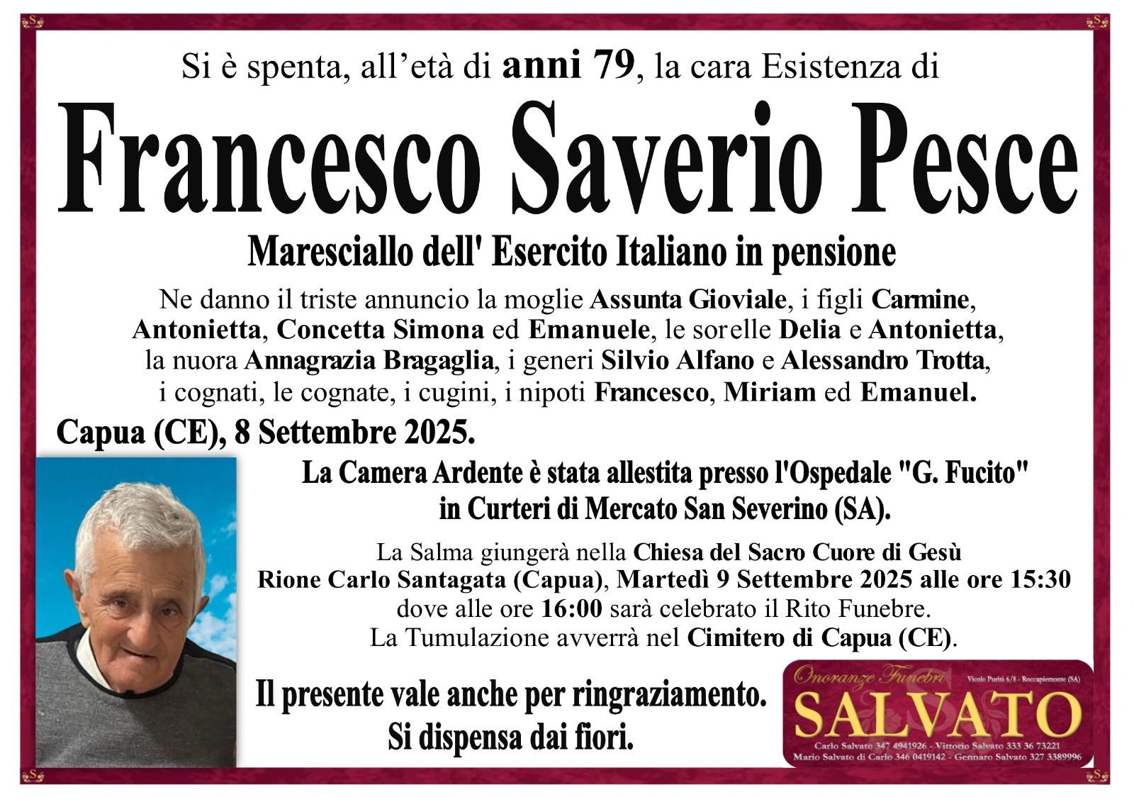 necrologio Francesco Saverio Pesce