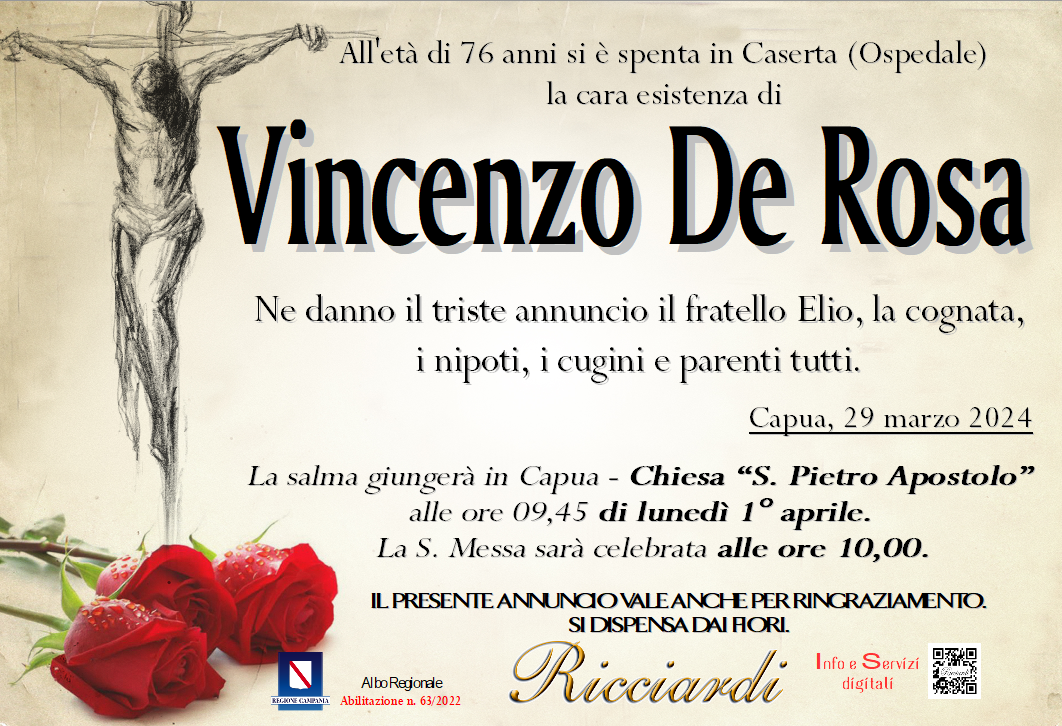 necrologio Vincenzo De Rosa