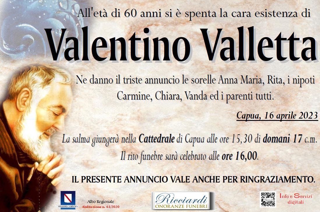 necrologio Valentino Valletta