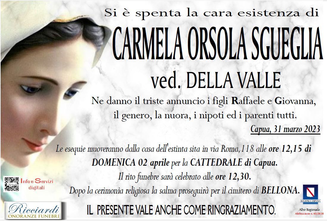 necrologio CARMELA ORSOLA SGUEGLIA