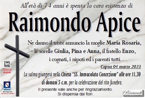 necrologio Raimondo Apice