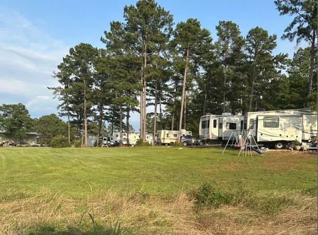 A row of rvs parked in a grassy field with trees in the background