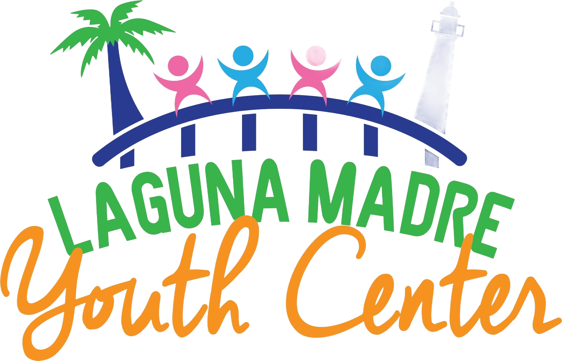 Laguna Madre Youth Center logo: Palm tree, lighthouse, children, bridge arch over text.