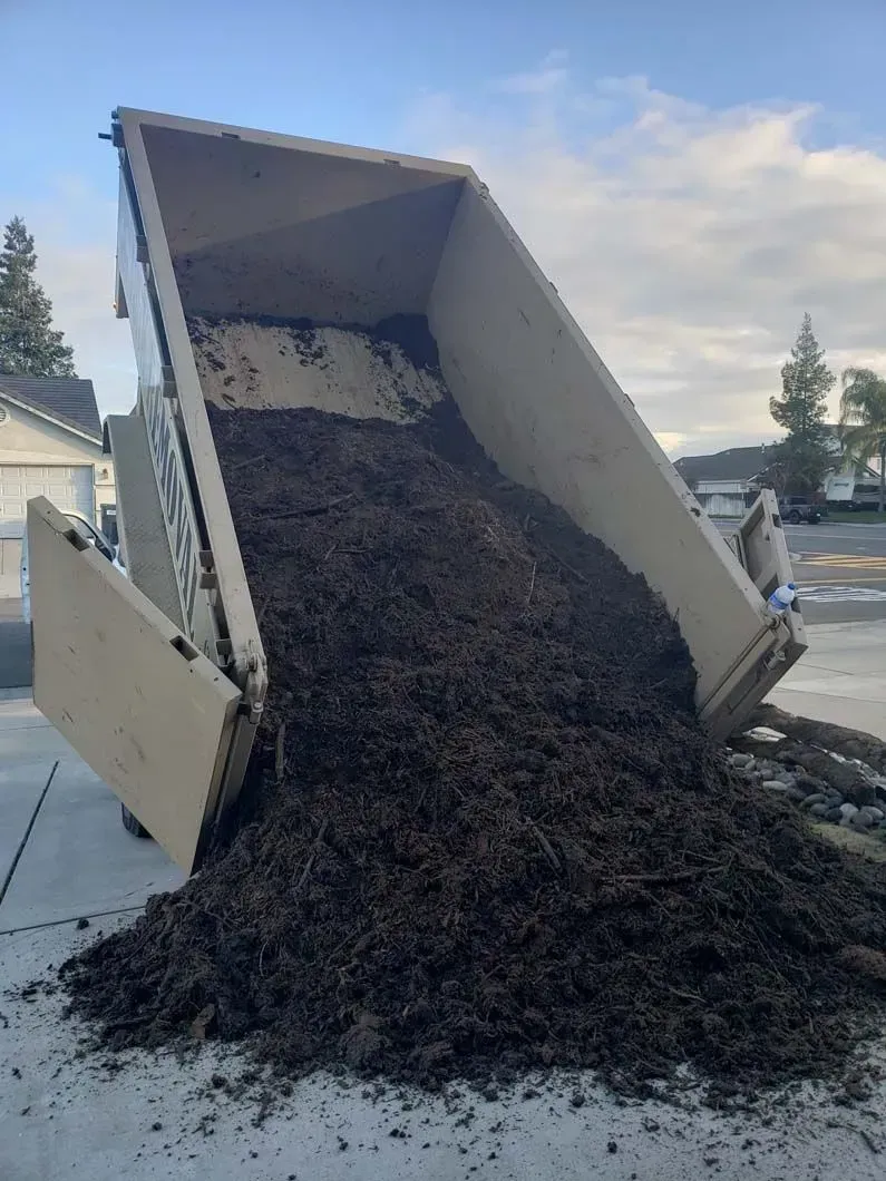 A dumpster filled with dirt is sitting on the side of the road.