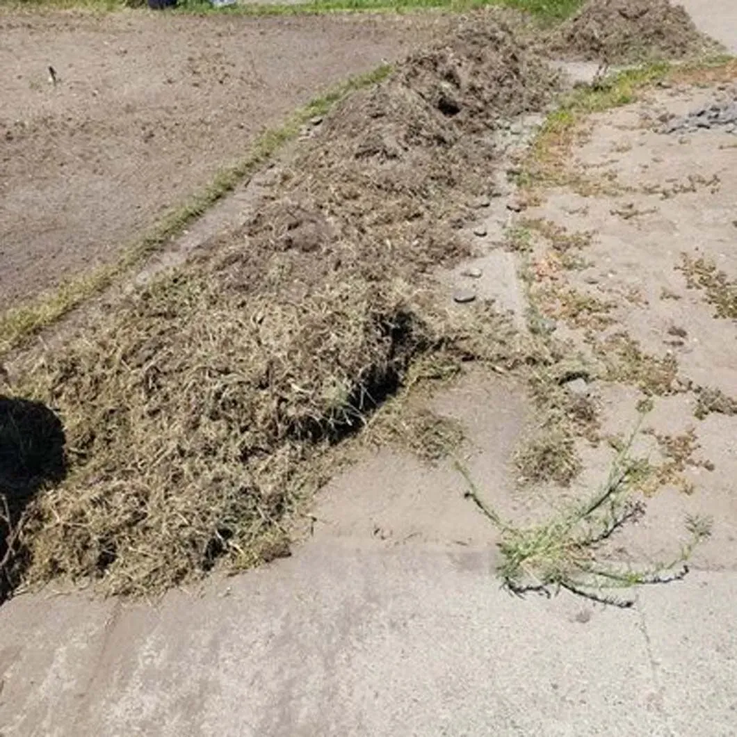 A pile of dirt and grass is laying on the ground.
