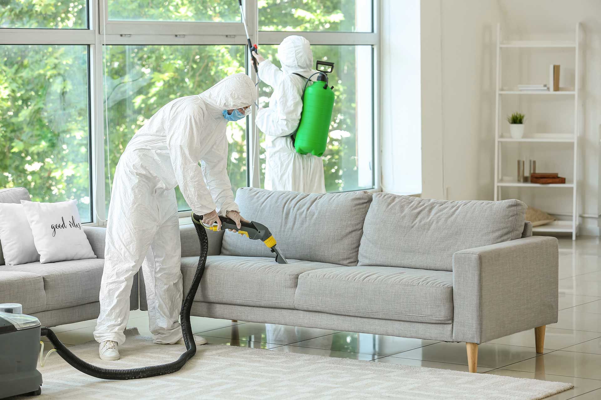 Two people in protective suits sanitizing a living room with a couch.