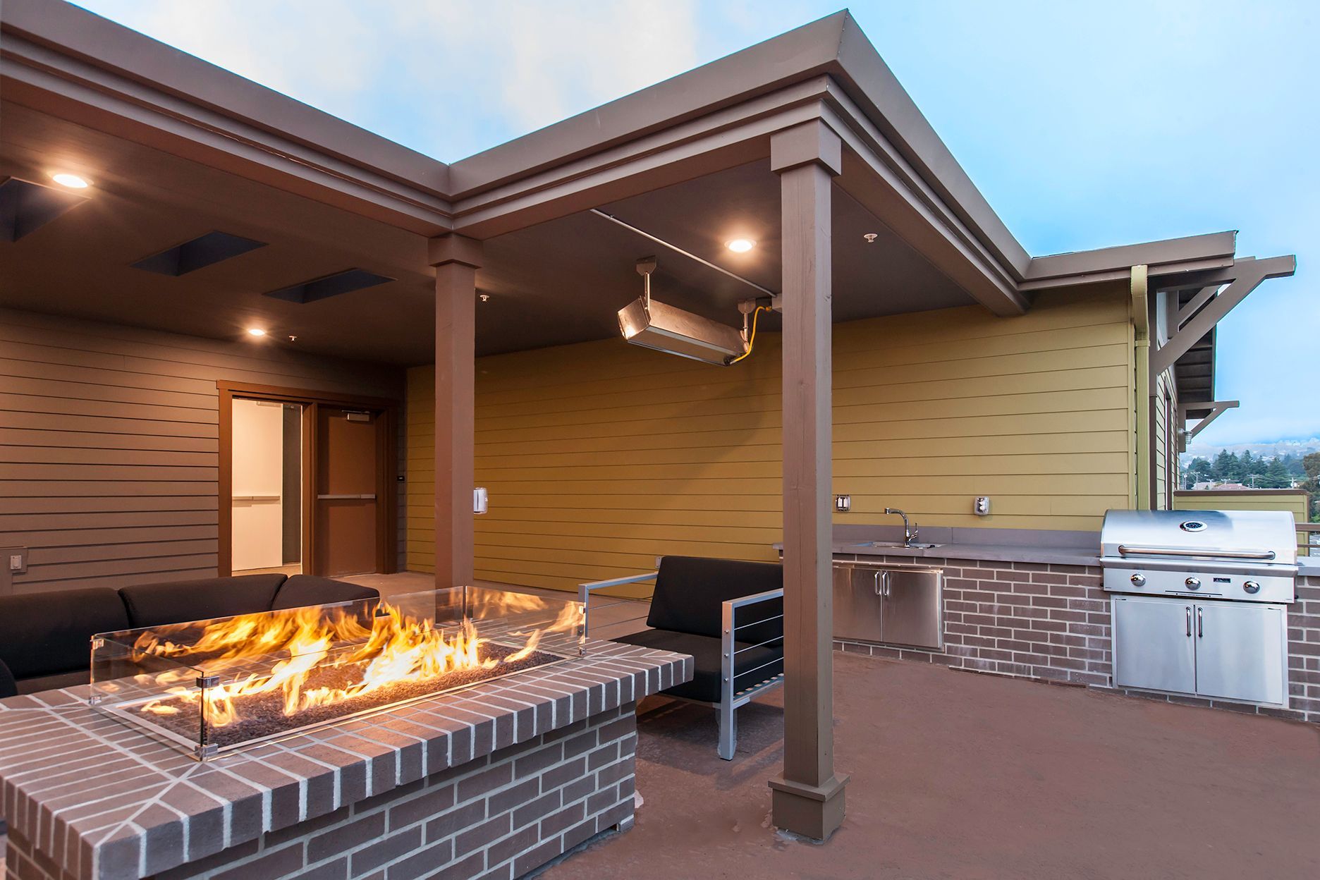 rooftop deck with fireplace