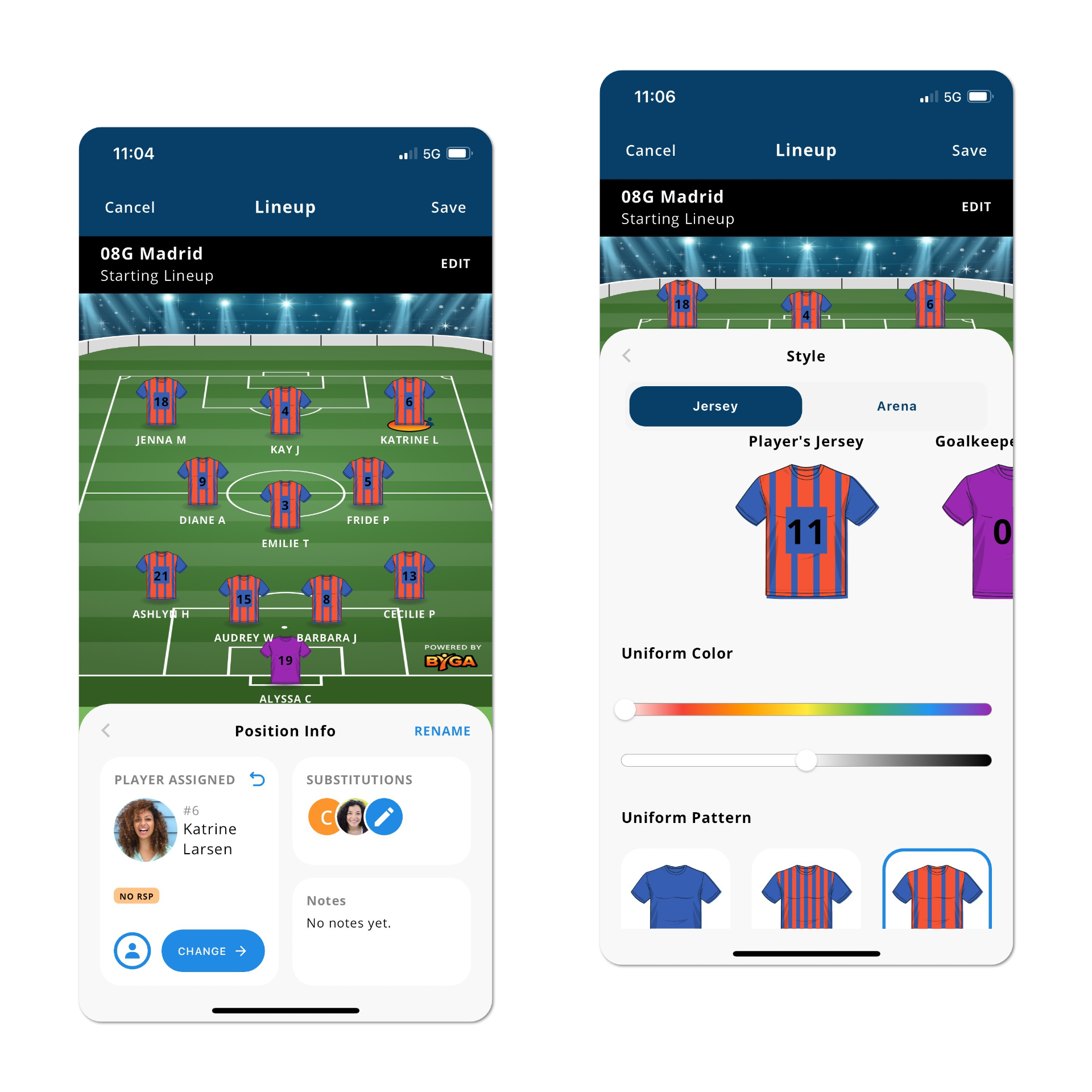 Mobile phone images of Byga app with lineup features like formation and jersey colors