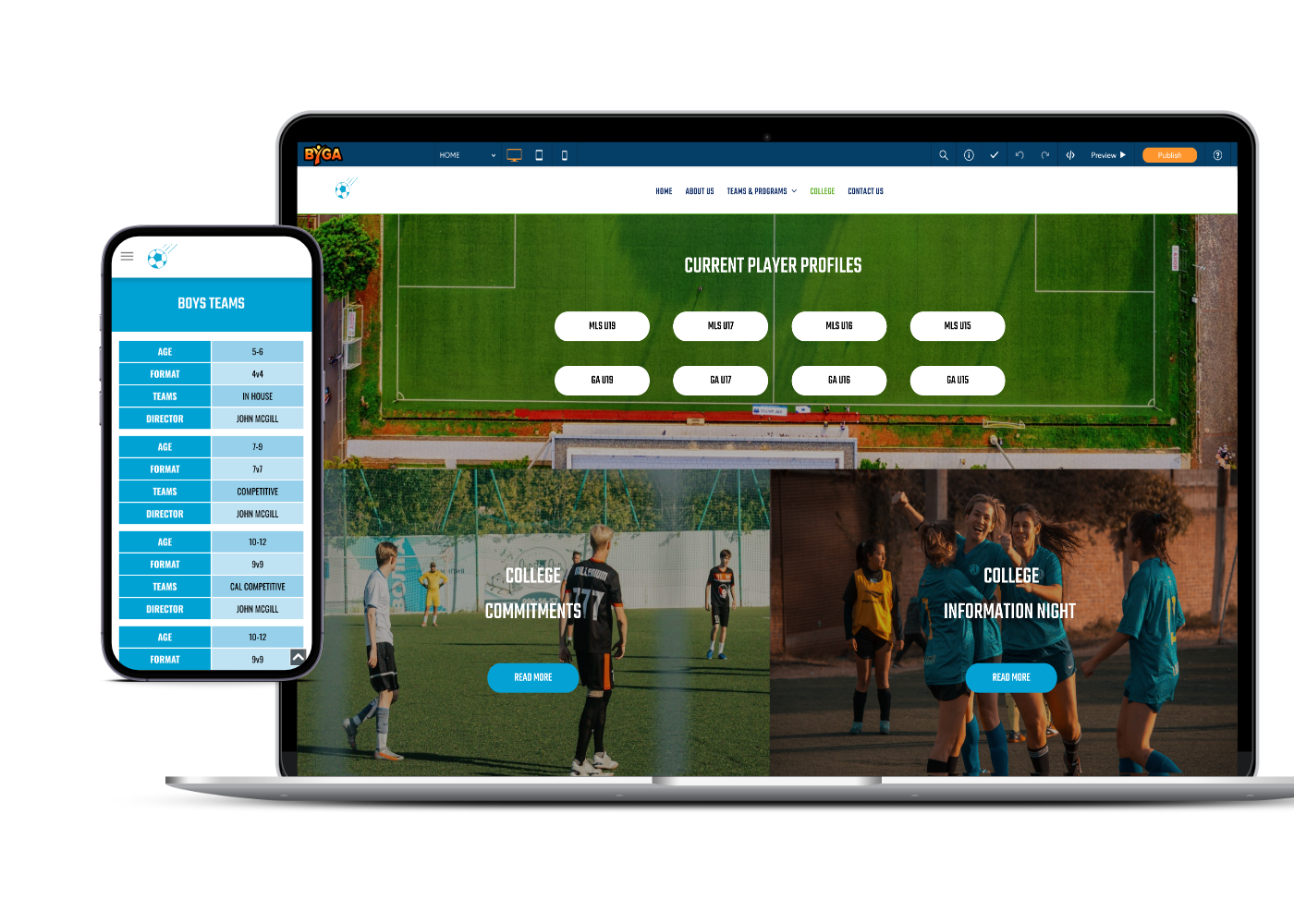 Byga youth sports club management laptop and tablet with tryouts form and player entries